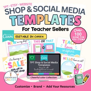 Może przedstawiać: Cyfrowa kolekcja szablonów sklepów i mediów społecznościowych dla nauczycieli, zawierająca tekst "TPT-ETSY-WEBSITE SHOP & SOCIAL MEDIA TEMPLATES For Teacher Sellers" oraz "EDITABLE IN CANVA" wraz z różnymi kolorowymi przykładami graficznymi.