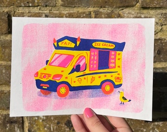 Ice cream van - A5 3 colour riso print