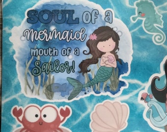 Mermaid Theme Funny Sticker Sheet Waterproof Coffee Lover Octopus Mouth of a Sailor