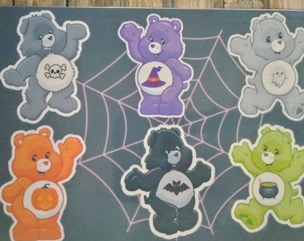 Halloween Alternative Care Bear Sticker Sheet Waterproof Ghost Jack O Lantern Witch Hat Cauldron Skull Bat