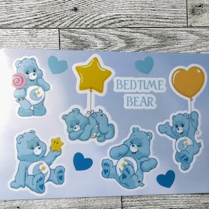 Bed Time Care Bear Sticker Sheet Waterproof Blue Moon and Stars
