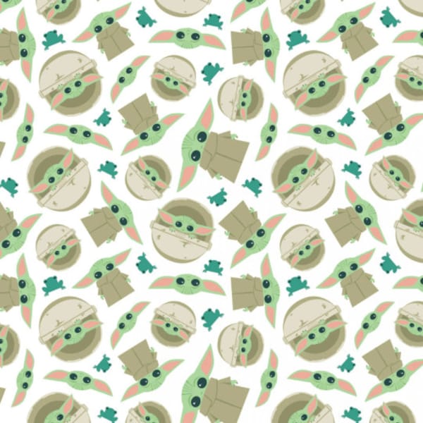 Child And Frog Toss Flannel Fabric Baby Yoda… and the Yummy Frog! White