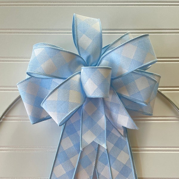 Blue Plaid Bow, Baby Gift Bow, White Blue Bow, Pale Blue Bow, Plaid Lantern Bow, Blue Pastel Bow, Baby Boy Bow, Diagonal Check Bow,