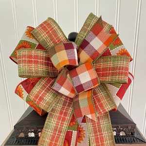Fall Plaid Check Lantern Bow, Autumn Sunflower Bow for Wreath, Thanksgiving Harvest Decor, Pumpkin Swag Accent Bow, Autumn Front Porch Decor