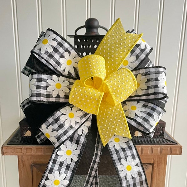 Spring Wreath Bow, Black and White Gingham Check Lantern Bow, Polka Dot and Daisy Front Door Bow, Gift Basket Bow, Summer Flower Swag Bow