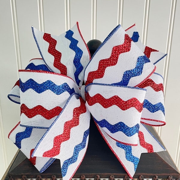 July 4th Wreath Bow, Patriotic Lantern Bow, Red White and Blue Ric Rac Bow, Memorial Day Bow, USA Sign Accent Bow, Glittered Door Hanger Bow