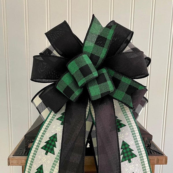 Buffalo Plaid Christmas Wreath Bow, Green and Black Check Lantern Topper, Holiday Xmas Tree Swag Embellishment, Winter Cabin Porch Decor