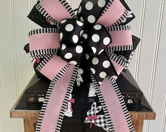 Black and Pink Easter Wreath Bow, Easter Bow for Lantern, Spring Wreath Embellishment, Gingham Check and Polka Dot Bunny Easter Basket Bow