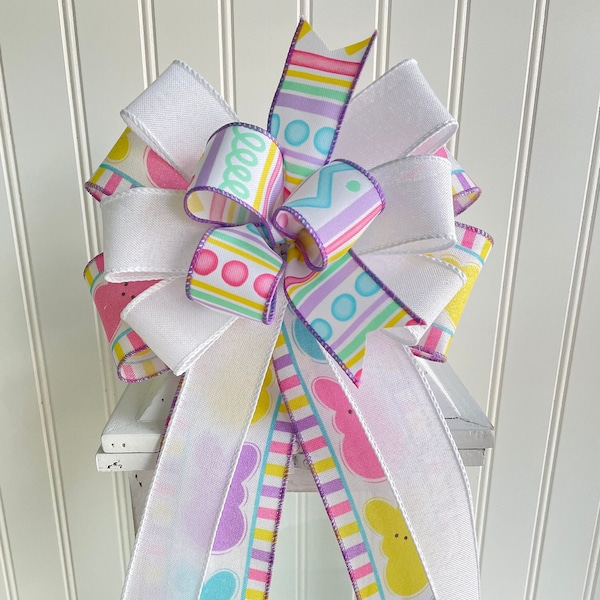Easter Bunny Wreath Bow, Spring Lantern Topper, Sugar Bunny Easter Basket Bow, Colorful Swag Bow, Pastel Front Door Springtime Accent Bow