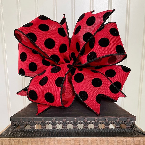 Red and Black Polka Dot Bow, All Season Lantern Bow, Small Wreath Bow, 8 Inch Bow, Lantern Topper, Velvet Accent Bow, Swag Bow, Premade Bow