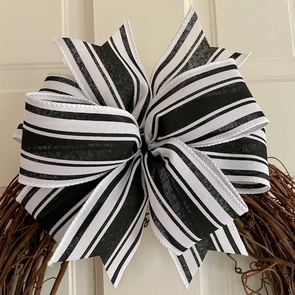 Black and White Farmhouse Stripe Bow, Ticking Stripe Lantern Topper, Country Cottage Wreath Bow, All Season Swag Accent Bow, Eight Inch Bow