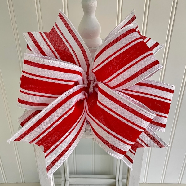 Red and White Farmhouse Stripe Christmas Wreath Bow, Small Red Ticking Stripe Lantern Bow, Holiday Swag Accent, Simple Winter Porch Decor