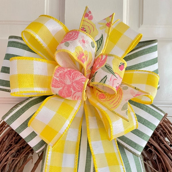 Spring Wreath Bow, Yellow Easter Lantern Bow, Easter Basket Bow, Summer Front Door Bow, Eight Inch Accent Bow, Pink Floral Mother's Day Bow