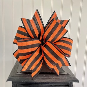 Orange and Black Striped Bow, Simple Halloween Wreath Bow, Elegant Autumn Bow, Fall Lantern Topper, Swag Embellishment, Woven Wired Ribbon