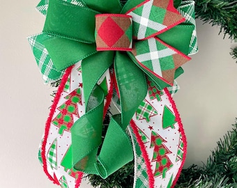 Red & Green Plaid Christmas Wreath Bow, Holiday Lantern Topper: Eight Inches Wide