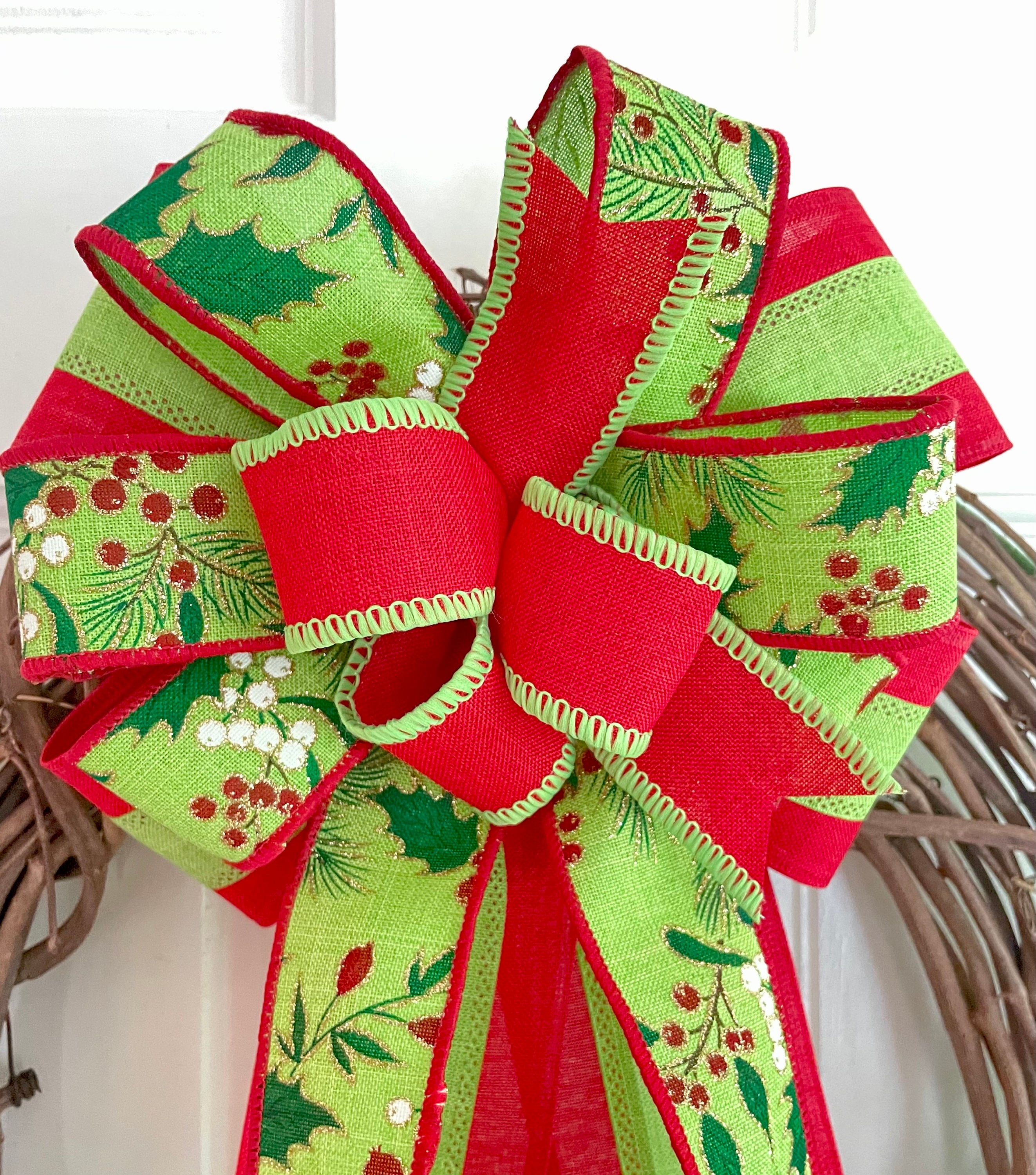 Red and Green Christmas Bow for Wreath, Glittered Berries Lantern ...