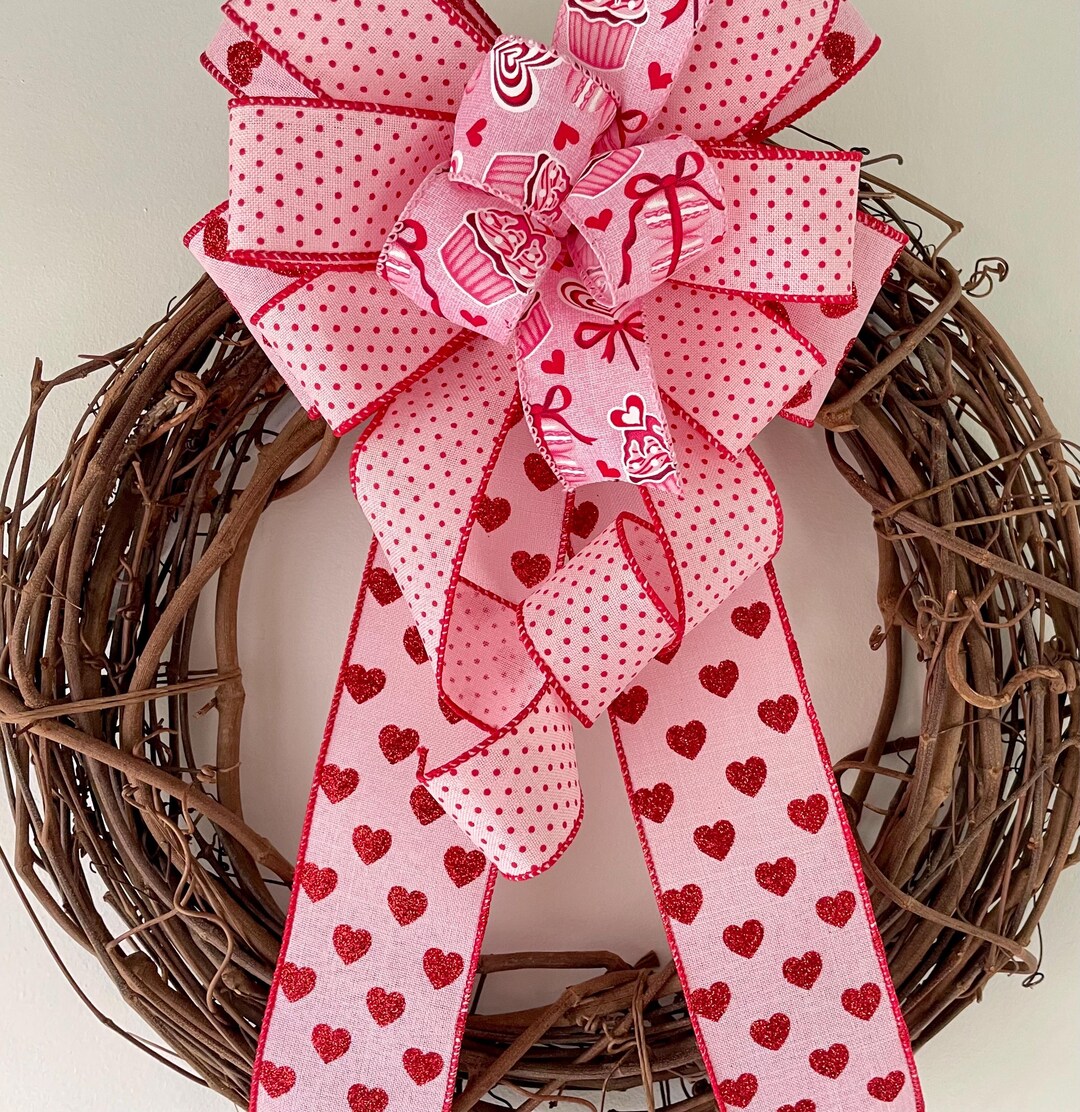 Pink Valentine's Day Bow for Wreath or Lantern With Glittered Red ...