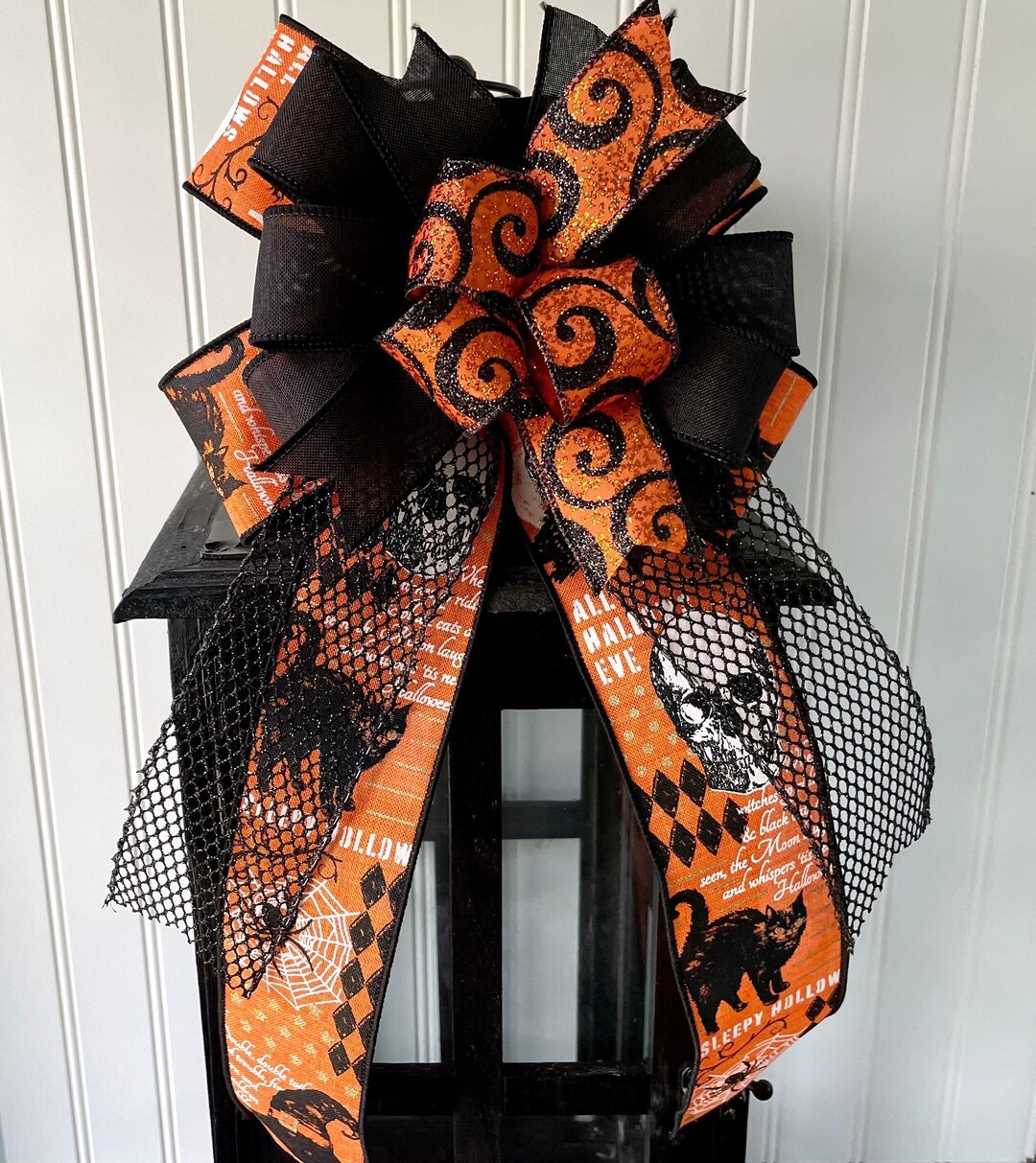 Halloween Wreath Bow, Orange and Black Fall Lantern Bow, Front Door Accent Bow, Halloween Spooky ...
