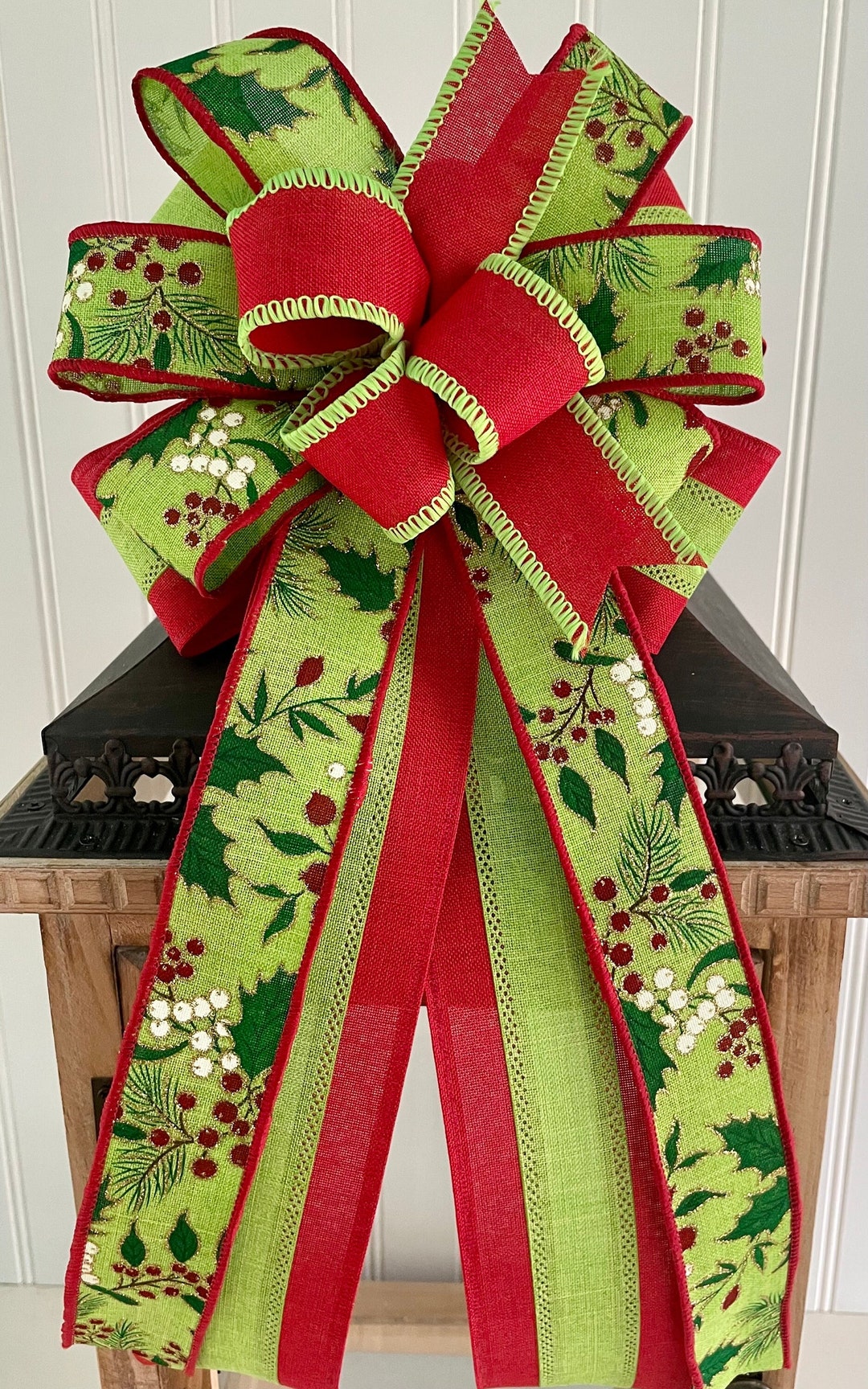 Red and Green Christmas Bow for Wreath, Glittered Berries Lantern ...