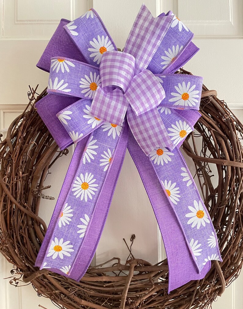 Purple Gingham Summer Wreath Bow With Daisies, Lavender Lantern Topper ...
