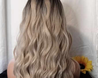 Holiday Sale Lace Front Middle Part Wig Ombre Mixed Ash Blonde Long 24" Wave Synthetic Not Human Hair But Heat Safe US Same Day Shipping