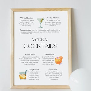 Vodka Cocktail Recipes Bar Cart Wall Art, Types of Alcohol Drinks, Liquor Poster Minimal Party Instant Print Decor Printable Download Design