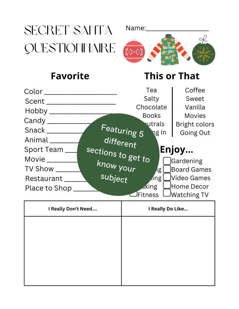 Secret Santa Questionnaire Printable Wish List Christmas Gift Idea Secret Santa Questionnaire Printable Wish List Christmas Gift Idea