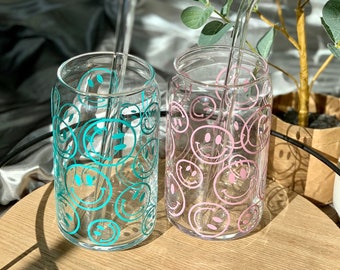 Smiley Face can glass | Pink smiley glass cup | Blue smiley glass cup | iced coffee cup | custom glass cup | gifts for her