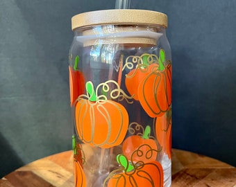 Pumpkin Glass cup | fall glass | iced coffee glass | glass with lid |  Halloween can glass | gifts for her | pumpkin spice