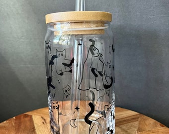 Cat Glass cup | cat ghost glass | iced coffee glass | glass with lid |  Halloween can glass | gifts for her | black cat cup