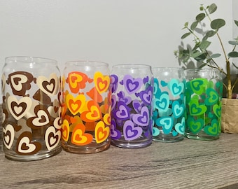 Retro glass | heart glass cup | iced coffee retro glass | multi colored heart cup | gifts for her |