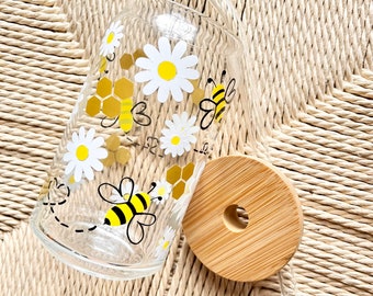 Honey Bee daisies Can Glass | Bumble Bee design | Custom Libbey can glass | iced coffee cup