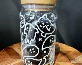 Cat ghost Glass cup | cat glass | iced coffee glass | glass with lid |  Halloween can glass | gifts for her | cat lover