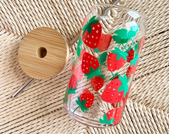 Strawberry Glass cup | fruit glass | iced coffee glass | glass with lid | strawberry can glass | gifts for her