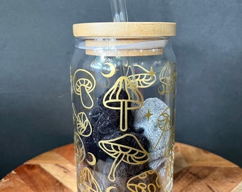 Mushroom Glass cup | fall glass | iced coffee glass | glass with lid | autumn  can glass | gifts for her | shroom glass
