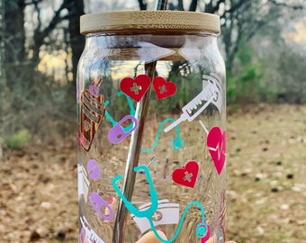 Nurse can glass | nurse life glass with bamboo lid | custom doctor cup | personalized glass | iced coffee glass cup | gifts for her