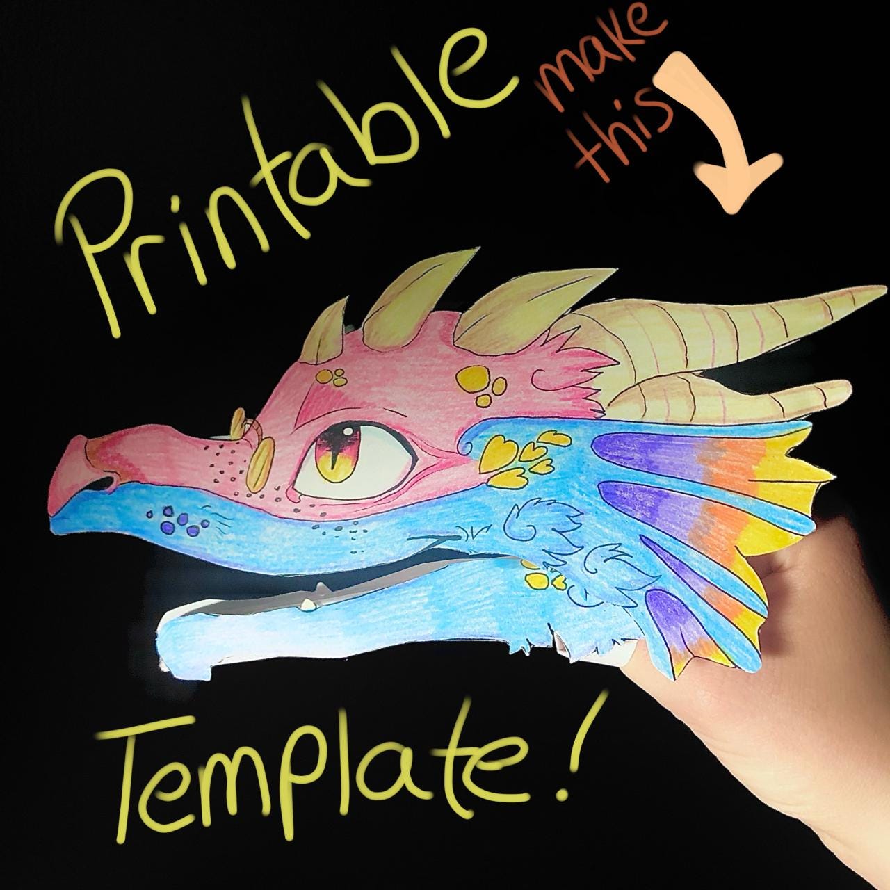 Customizable Color Your Own Printable Paper Dragon Puppet Template Base