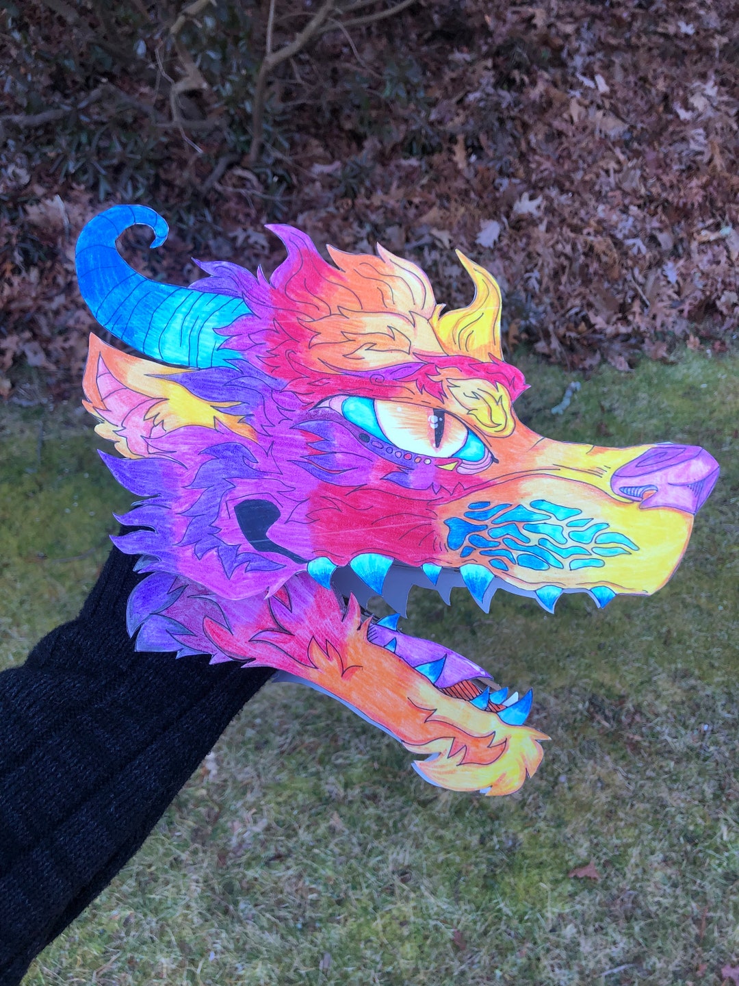 Rainbow Paper Dragon Puppet Handmade Art Etsy