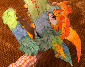 Paper Dragon Hand Puppet Handmade Art Folkdoll Blue/Green/Fire