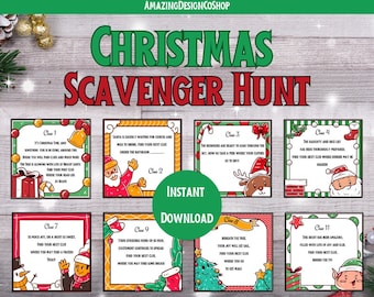 Peut inclure: Un jeu de chasse au trésor de Noël avec 11 indices illustrant des personnages festifs comme le Père Noël, des rennes, des lutins et des sapins de Noël. Les indices sont imprimés sur des cartes colorées avec des bordures vertes et rouges.