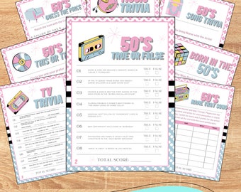 50s Party Games Bundle, Printable Trivia & Activities (Digital Download)