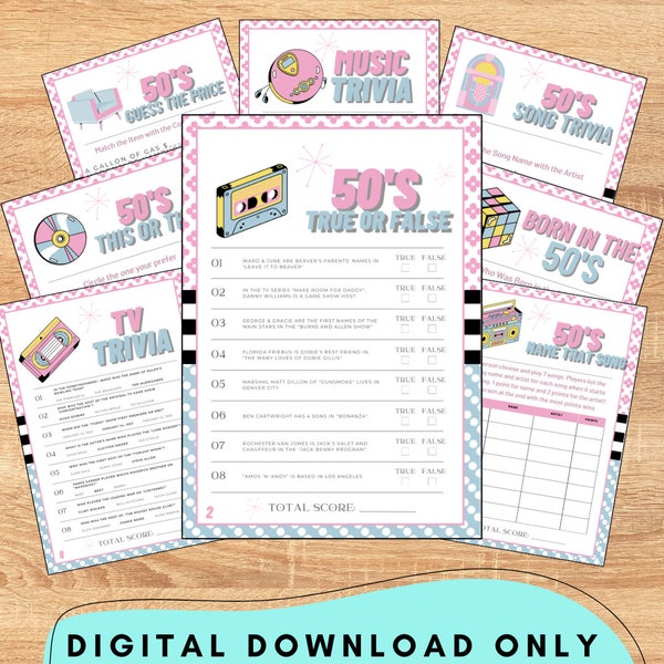 50s Games Bundle Printable, 50s Activities, 50s Party Games, 50s Trivia, 1950s Party Games for Kids & Adults, 50s This or That, DIGITAL