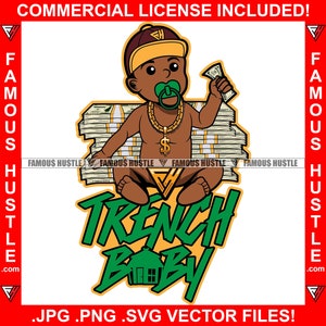 Trench Baby Holding Money Stack Chain Collana Ragazzo Ciuccio Cash Rich Street Thug Hustle Male Hustler Trap House Art JPG PNG SVG Cut File