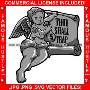 Tu prenderás a estátua de asa de anjo segurando o sinal de rolagem vintage Saco de dinheiro Hustle Hustling Hustler Hustler Plug Rap Hip Hop Logo JPG PNG SVG Cut