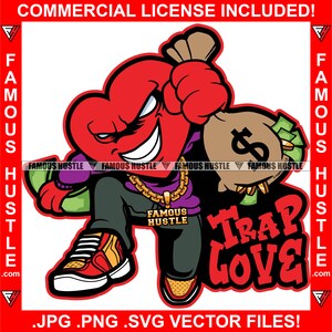Armadilha Amor Gangster Coração Personagem Saco de Dinheiro Pilha de Dinheiro Hustle Savage Street Hustler Rap Hip Hop Trap Plug Boss Art Logo JPG PNG SVG Cut