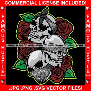 Escuchar Ver Hablar No Malvado Tres Calaveras Rosas Rojas Pañuelo Cubriendo Orejas Ojos Boca Matón Motociclista Pandillero Trampa Tatuaje Arte Logo JPG PNG SVG Corte