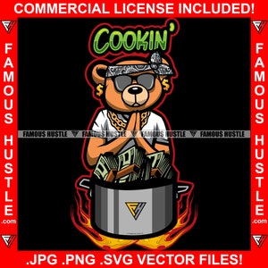 Cookin' Gangster Plug Teddy Bear Cooking Cash Money In Cooking Pot Fire Stove Gold Chain Tattoo Street Trap Hood Art Logo JPG PNG SVG Cut
