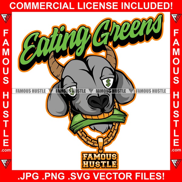 Eating Greens Goat Gangster G.O.A.T. Cartoon Character Dollar Sign Eyes Money Gold Teeth Chain Tattoo Hip Hop Rap Trap Art Logo JPG PNG SVG