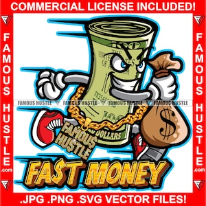 Fast Money 100 Dollar Bill Roll Cartoon Character Running Cash Bag Collana d'oro Hip Hop Tattoo Trap Street Hustler Art Logo JPG PNG SVG Cut