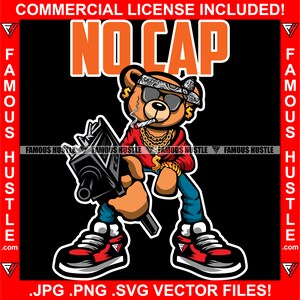 No Cap Gangster Teddy Bear Gold Chain Necklace Machine Gun Bandanna Smoking Hustler Trap Plug Rap Hip Hop Gang Member Logo JPG PNG SVG Cut